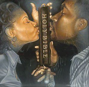 Painting of Husband and Wife Kissing the Holy Bible